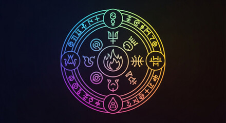 Colorful esoteric circle with alchemical symbols and elements for magic and occult practices design vector