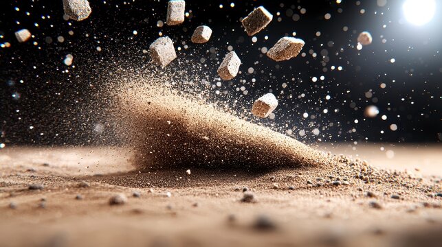 Brown Sand and Rocks Suspended in Mid Air, Dramatic Lighting, Dark Background, Generative AI