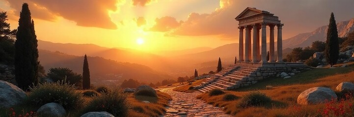 Serene scene of ancient Roman ruins bathed in the golden light of dawn, perfect for meditation and mindfulness A peaceful escape to a historical past , inspirational, historical site, spirituality