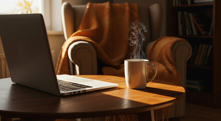 Cozy Home Office Scene: Laptop, Steaming Mug, and Warm Blanket by Sunlight