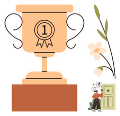Large trophy with number one ribbon, delicate flower motif, and person organizing notes on a secure door. Ideal for success, achievement, recognition, organization, planning, motivation leadership