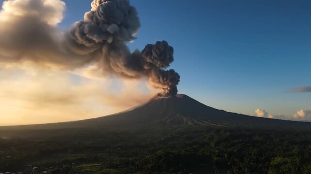 Dramatic eruption of mount sinabung volcano in indonesia, spewing a massive column of ash and smoke into the sky at sunrise, with lush green forest in the foreground