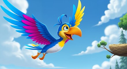 Colorful Cartoon Parrot Flying in Bright Sky with Clouds and Tree Branch