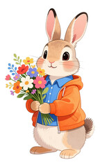 White Rabbit Holding Bouquet, Orange Hoodie with Blue Shirt, Clear Background Illustration