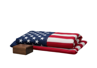 A meticulously folded american flag with vibrant stripes and embroidered stars, beside a polished dark wood block on a flat surface, high-key light, isolated, concept of national reverence