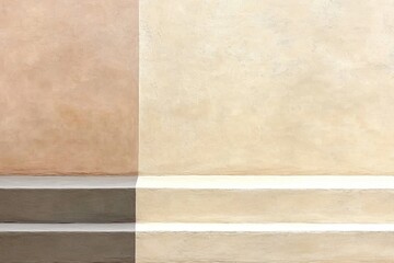A wall with a white and tan color and a black line. The wall has a white and tan color and a black line that separates it from the ground. The wall is made of concrete and has a rough texture