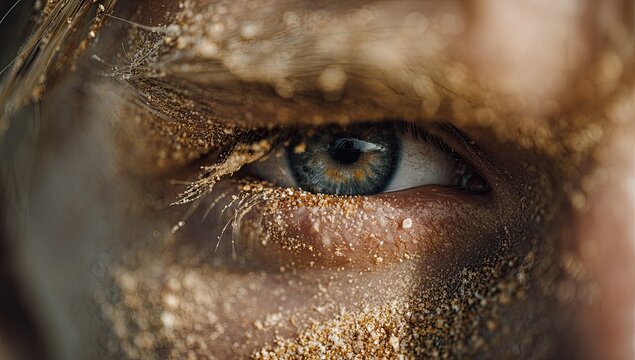 Close-up of a person's eye and face, covered in golden dust