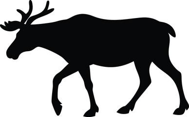 Isolated Black Silhouette of a Walking Moose with Antlers on White Background