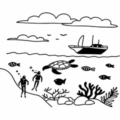 Minimilist illustration of underwater scene with divers, turtle, fish, coral, and boat on the surface of the water vector
