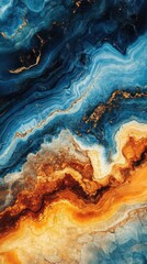 Fototapeta premium Dynamic Abstract Agate Pattern: Deep Blue, Fiery Orange, and Sparkling Gold Veins