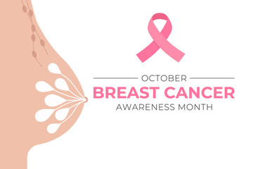 October is breast cancer awareness month with a pink ribbon. The silhouette of the female breast in the section, pink ribbon and text on a white background. 