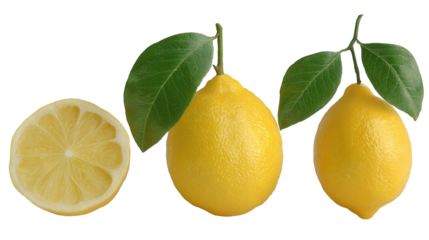Three Lemons and a Lemon Half with Green Leaves on Transparent Background