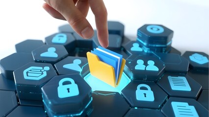 Hand interacting with digital hexagons featuring lock and folder icons, symbolizing data security and management.
