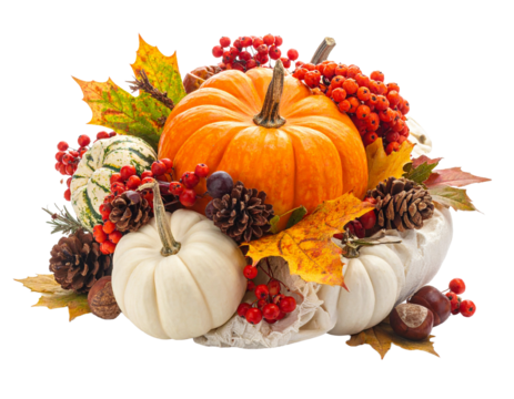 A beautiful Thanksgiving centerpiece arrangement, isolated on a white background, a symbol of gratitude and fall celebrations.
