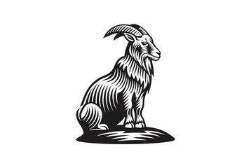 Seated Markhor Silhouette on White Background Isolated Design