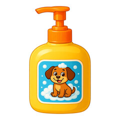 Yellow Soap Dispenser with Puppy Illustration, Glossy Design Element on Transparent Background