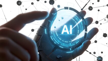 Hand holding a futuristic AI interface with glowing blue elements and network connections in the background