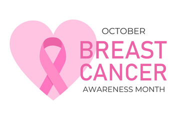 October is Breast Cancer Awareness Month with a pink ribbon. A banner with a heart and a pink ribbon on a white background. Vector illustration