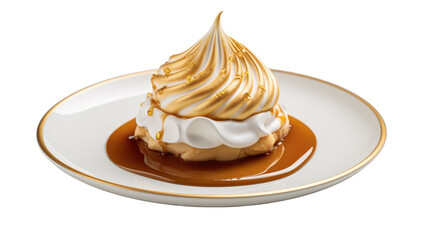 Golden brown flamed meringue dessert with caramelized surface and sweet baked texture isolated on white background 