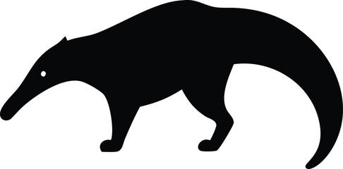 Silhouette of a Walking Anteater with a Long Tail on White Background