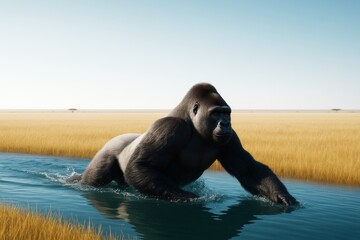 Fototapeta premium Majestic gorilla walking through shallow water in golden savanna under bright daylight with clear blue sky background concept of wild nature power. Ai generative