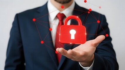 Businessman holding a digital padlock connected by network dots, symbolizing cybersecurity.