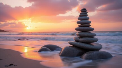 Obraz premium Ein majesttischer Turm aus glatten von der Zeit und z stone, stack of stones on the beach ,zen stones on the beach