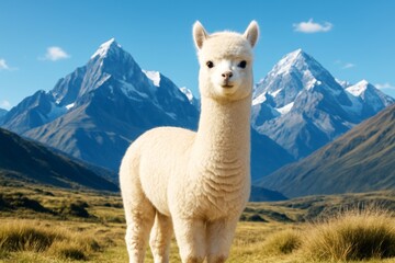 Fototapeta premium Cute fluffy alpaca standing on grassy valley with snow-capped mountains in bright daylight and clear blue sky in the background. Ai generative. Ai generative