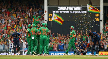 Cricket team celebrates victory with scoreboard in the background, confetti