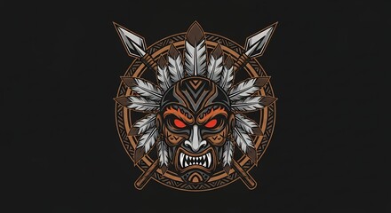 Aggressive Tribal Mask with Feathers and Crossed Spears Design on Dark Background