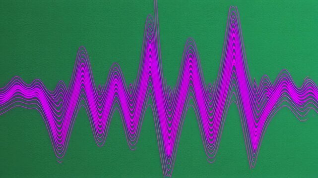 Vibrant sound wave graphic with bright magenta on a deep green background, representing audio or data.
