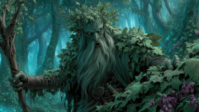 A druid channels the power of nature as corrupted forest spirits attack, vines and thorns erupting from the earth generative AI