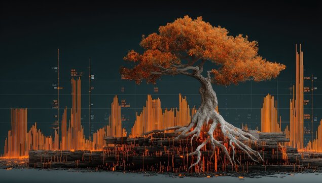 Orange tree amidst data landscape