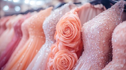 Elegant Pastel Gowns Row of Dreamy Dresses with Sparkling Embellishments.