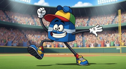 Animated Cartoon Character Running on Baseball Field in Colorful Cap and Shoes