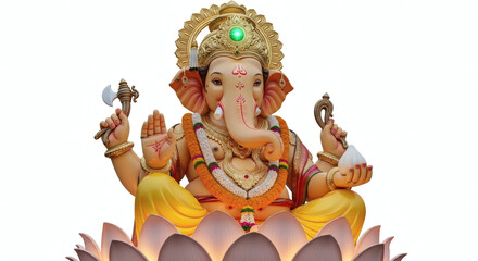 Close-up of a Ganesh statue with vibrant orange and gold details on a lotus flower against a white background.