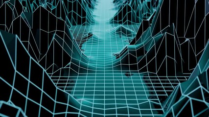 Looped animation of futuristic 3D grid landscape with glossy surface and digital wireframe mountains. Neon glowing retro wave valley background with abstract cyberspace terrain. VJ loop , 4K 60fps - Powered by Adobe