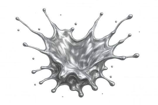 Liquid mercury forming dynamic crown-like splash pattern, metallic silver droplets arcing gracefully against clear backdrop