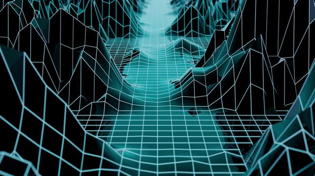 Looped animation of futuristic 3D grid landscape with glossy surface and digital wireframe mountains. Neon glowing retro wave valley background with abstract cyberspace terrain. VJ loop , 4K 60fps