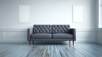 A classically styled, gray tufted sofa sits centered in a light blue room, flanked by two empty framed artworks, evoking a sense of calm and minimalist interior design.