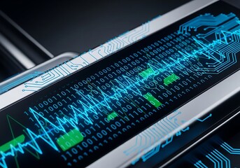 A close-up view of a technological display showing binary code and a light-blue wave pattern overlaid with intricate circuit board details.