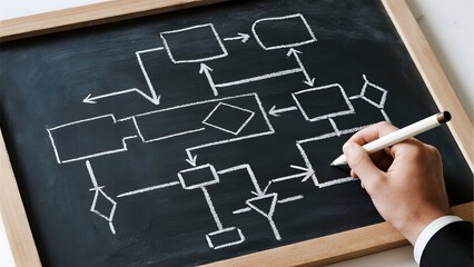 Hand drawing a flowchart on a chalkboard with various shapes and arrows.