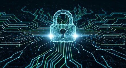 Glowing digital padlock illustration on a circuit board with connecting lines and dots, concept for data protection, network security and system privacy