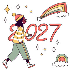 Fototapeta premium A young person in a winter hat and striped sweater walks towards the year 2027 with rainbows and stars