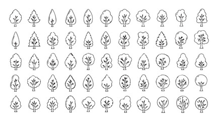 Collection of hand drawn tree silhouettes in a grid pattern
