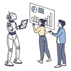 Friendly robot and two people collaborating on a business presentation with charts and graphs