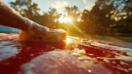 Washing a red car with a yellow sponge