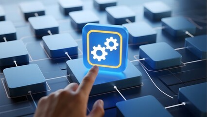Hand pointing at a digital interface with interconnected blocks and a gear icon, symbolizing automation or technology integration.