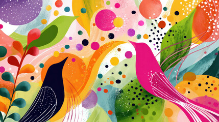 Colorful abstract illustration featuring vibrant birds, leaves, and playful circles in a whimsical design with bright hues