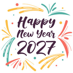 Happy new year 2027 festive greeting with colorful abstract fireworks and dots on a white background